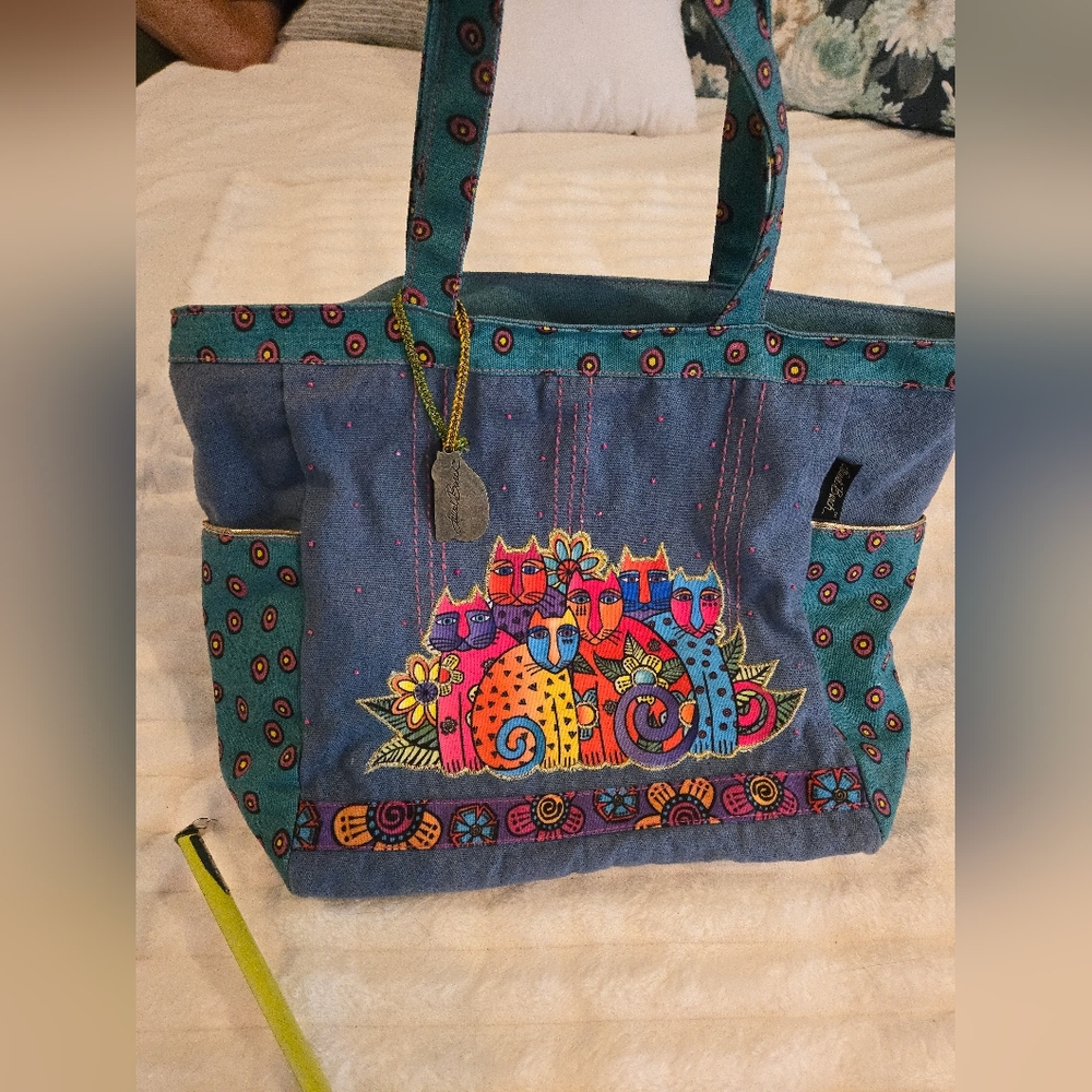 Laurel Burch Colorful Cat Tote Bag Turquoise Sun N Sand W/ Charm